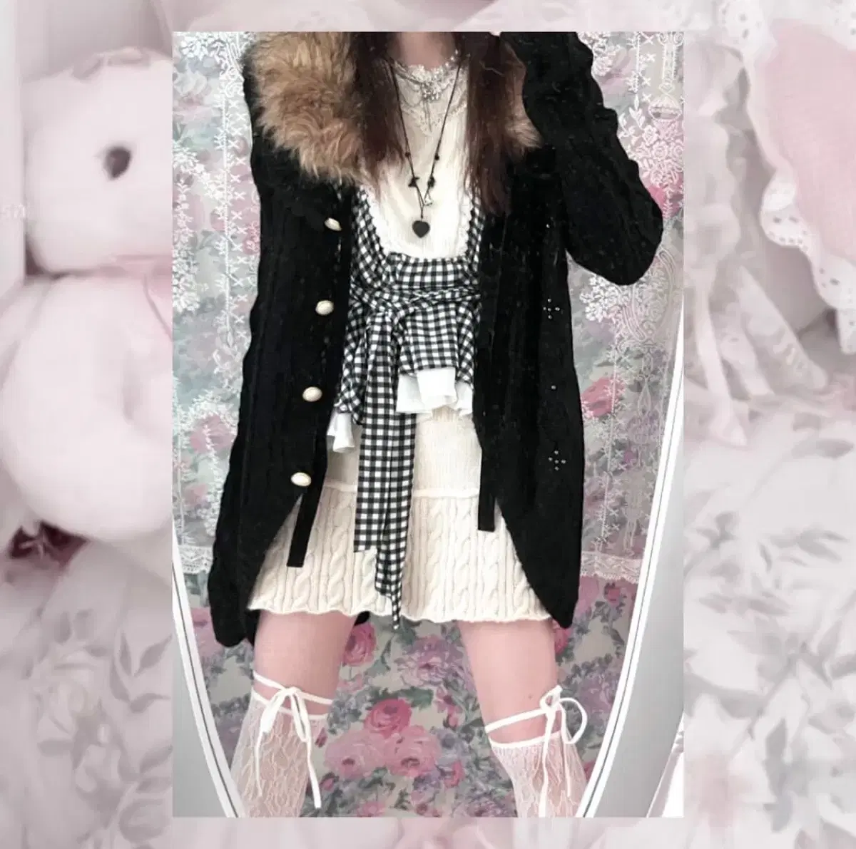 퍄뮤빈티지 엑시즈팜 black fur ribbon cardigan